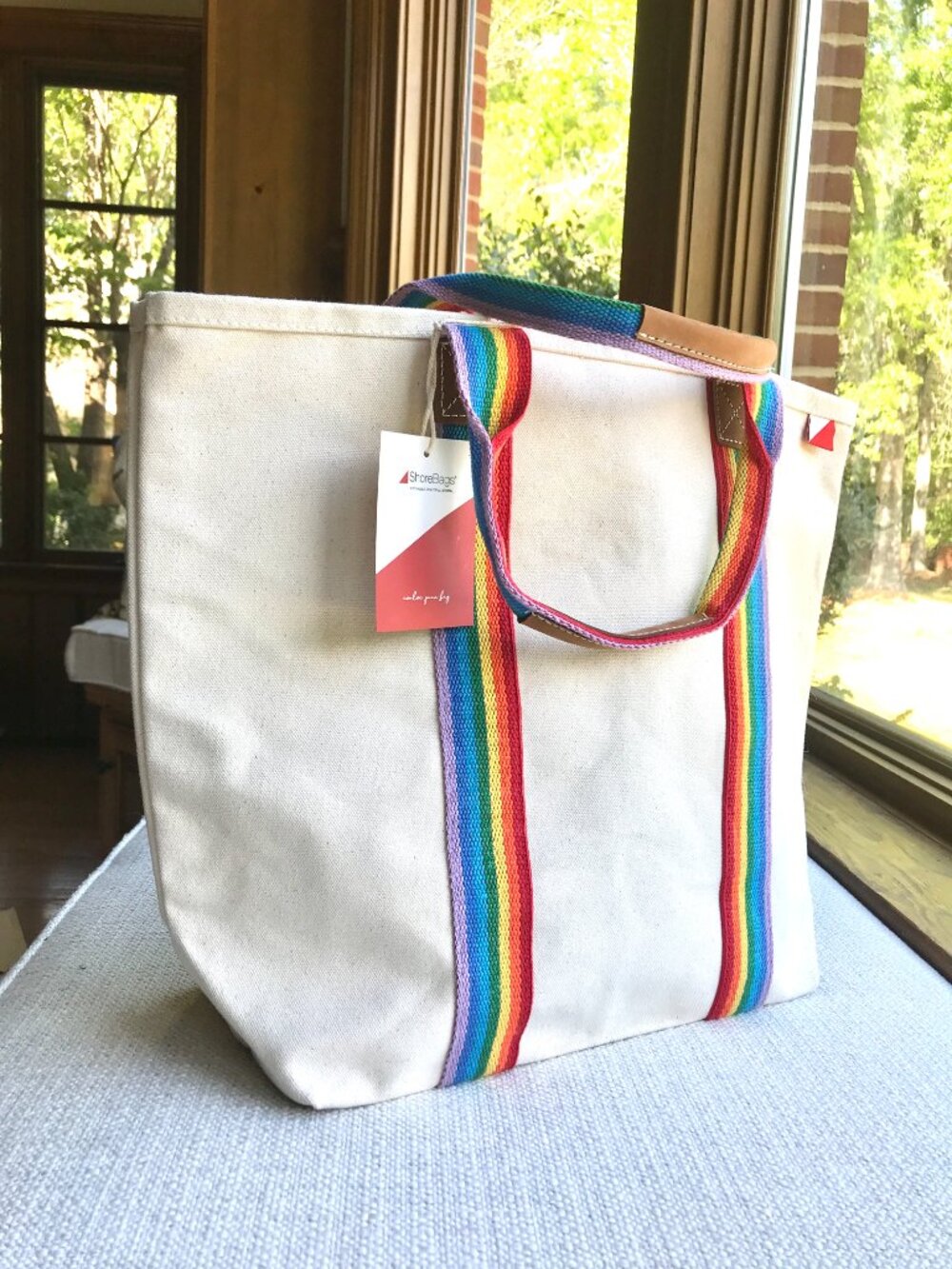 White Canvas Tote Bag  Colored Trim Leather Handles by ShoreBags